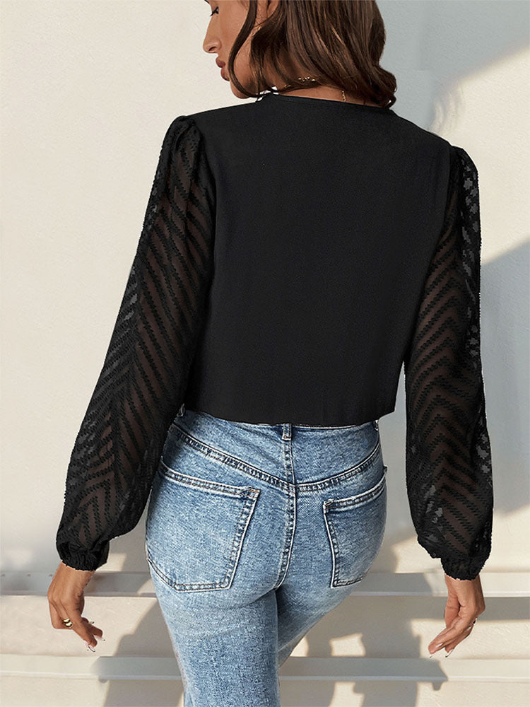 Lace Sleeve V Neck Surplice Bodysuit Long Sleeve Top