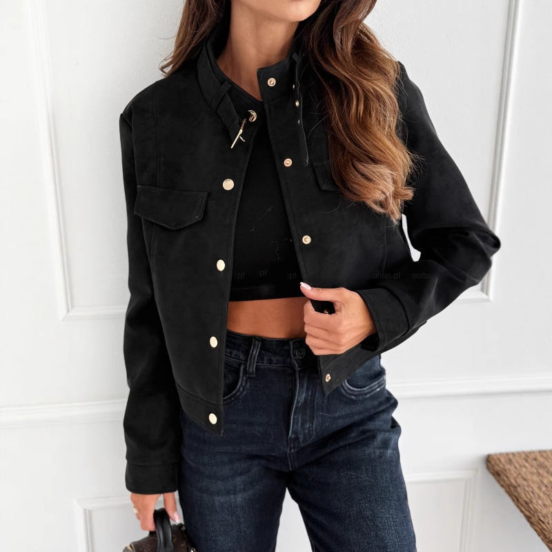 Women's Faux Suede Button Front Crop Jacket