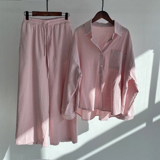 Linen Blend Button Shirt Wide Leg Pants Two Piece Set