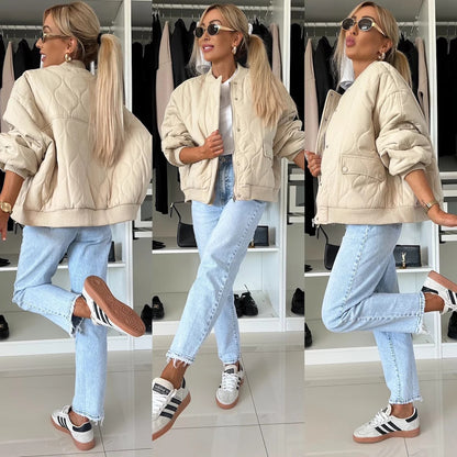 Women's Quilted Cropped Zip Up Puffer Bomber Jacket