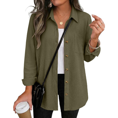 Waffle Knit Button Down Shirt Long Sleeve Pocket Tunic