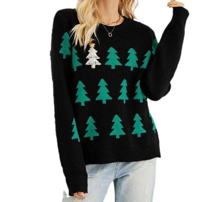 Women's Christmas Tree Jacquard Crewneck Sweater Oversized
