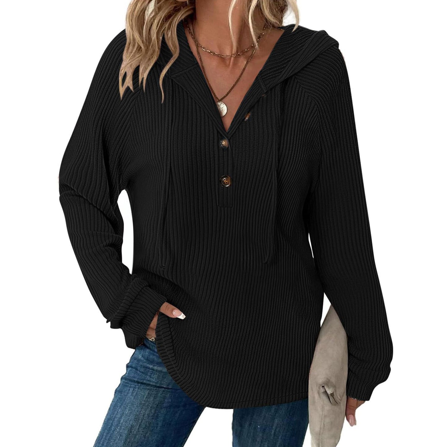 Women’s Knit Hooded Pullover Button V Neck Sweater