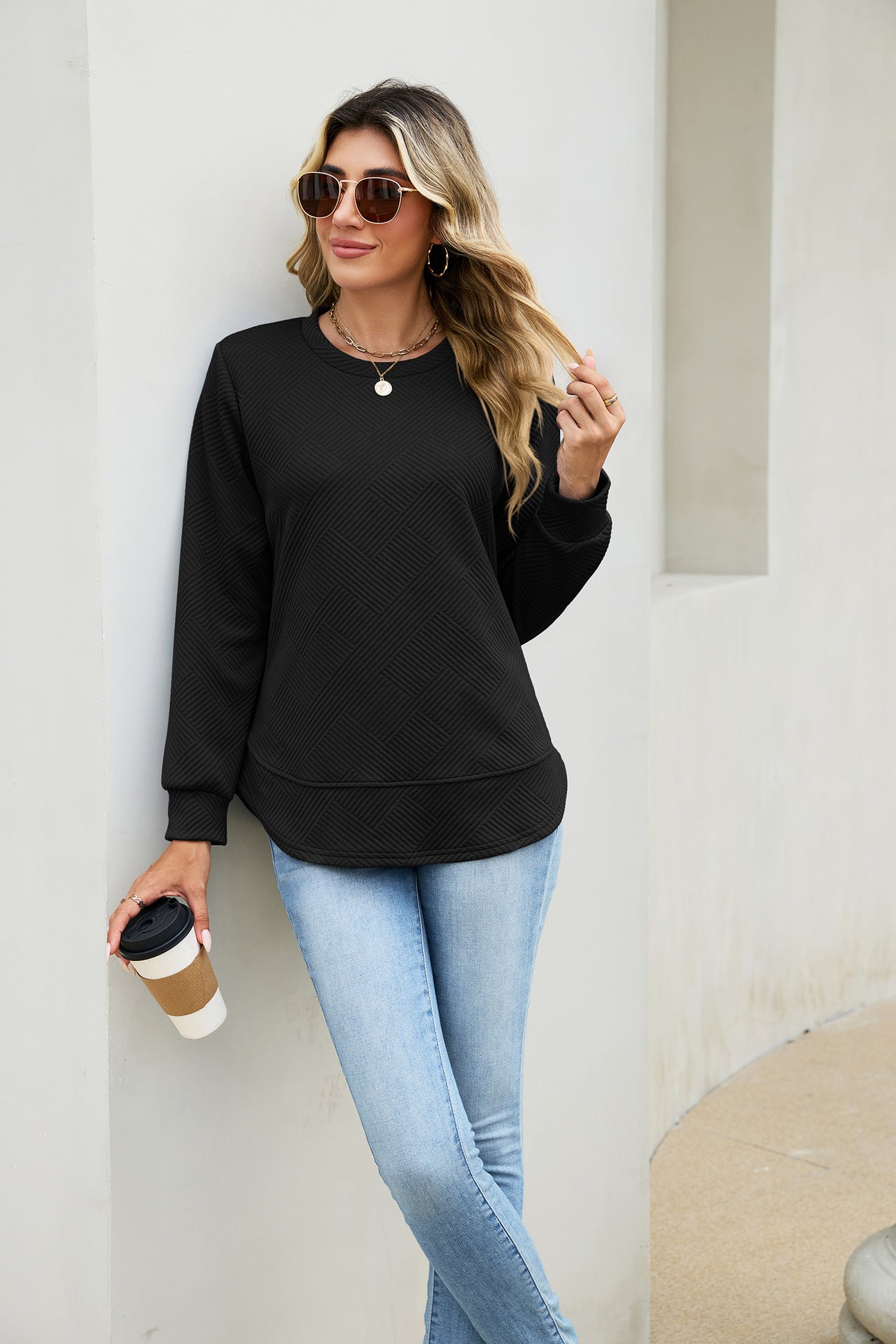 Quilted Textured Sweatshirt Crew Neck Loose Top
