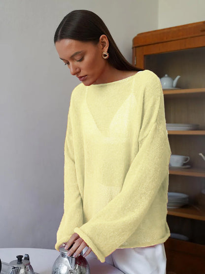 Women's Sheer Open Knit Oversized Bell Sleeve Sweater Top