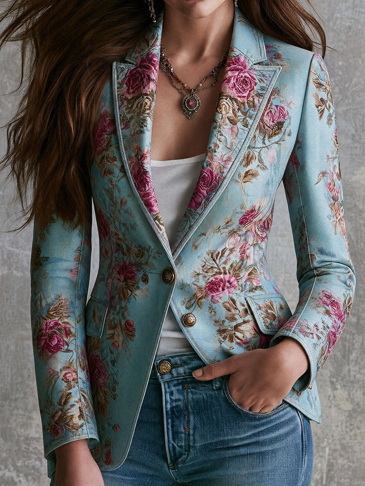 Women's Vintage Floral Faux Suede Blazer