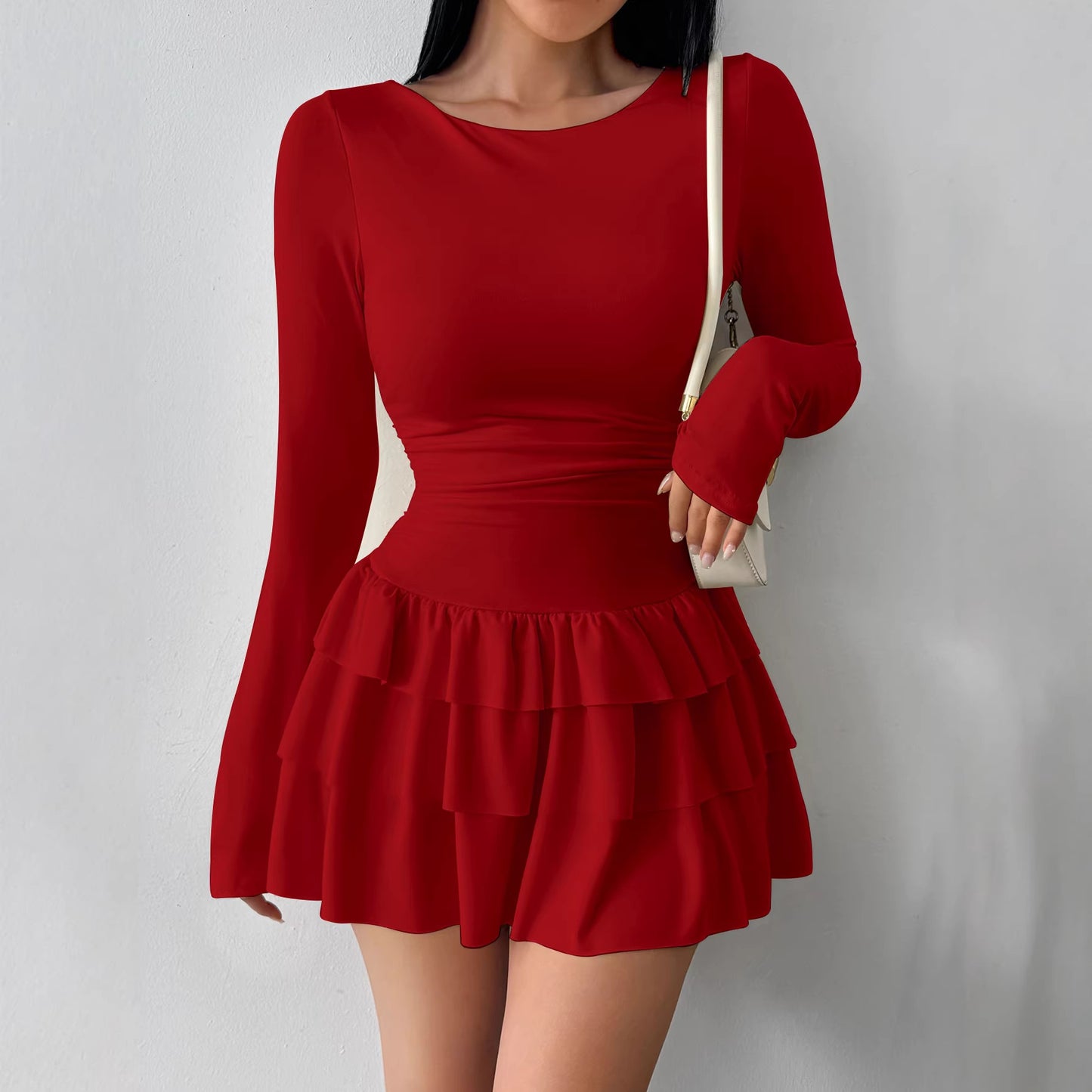 Women's Long Sleeve Bodycon Ruched Ruffle Mini Dress