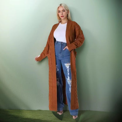 Long Cable Knit Open Front Cardigan with Pockets