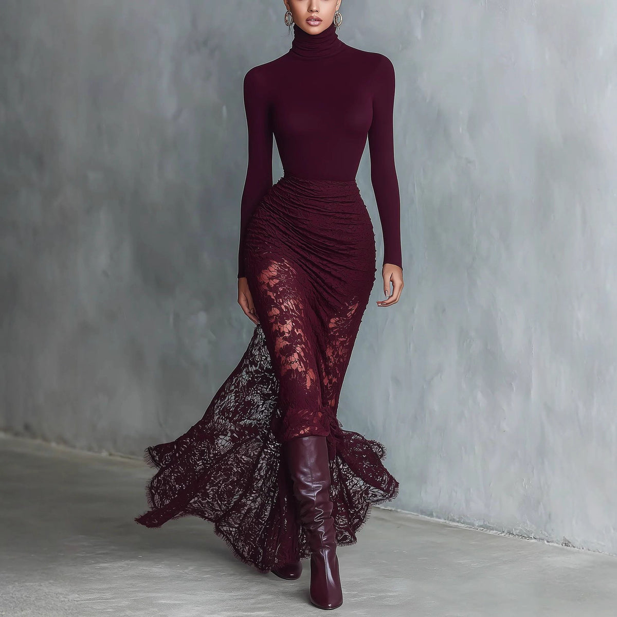 Women's Burgundy Lace Long Sleeve Bodycon Midi Dress