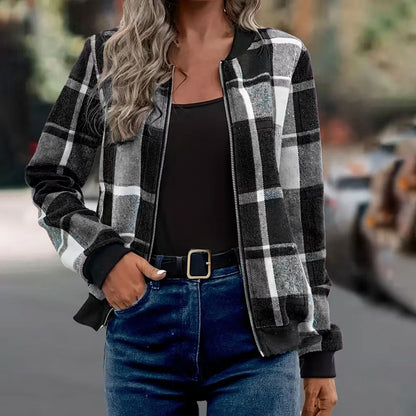 Women's Plaid Zip-Up Bomber Jacket Casual