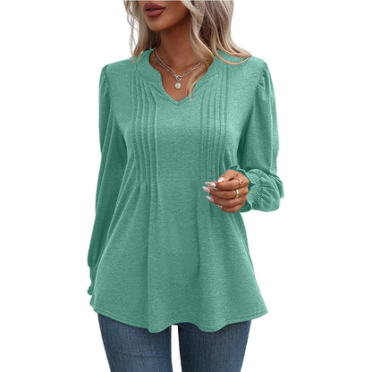 Long Sleeve V-Neck Top with Bubble Sleeves and Wrap Design