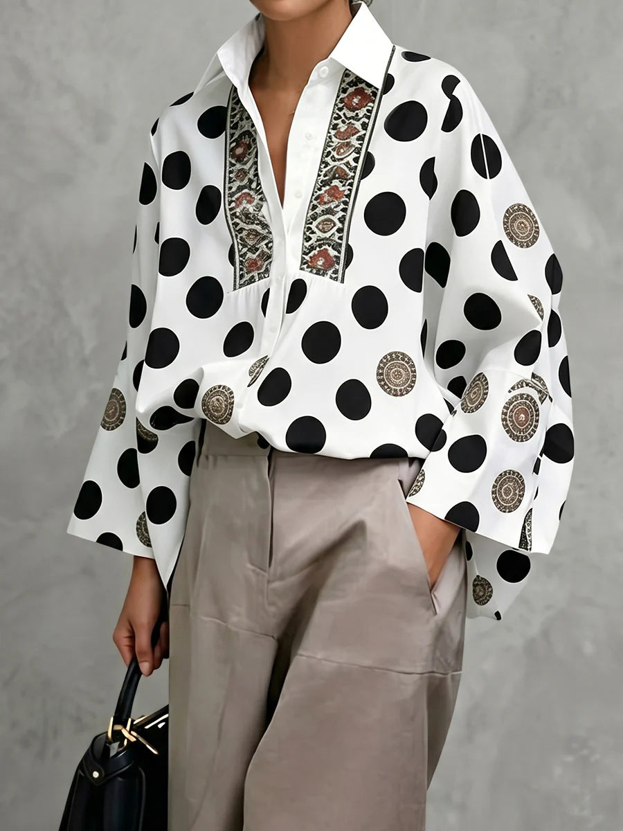 Polka Dot Collared Blouse Long Sleeve Loose Fit