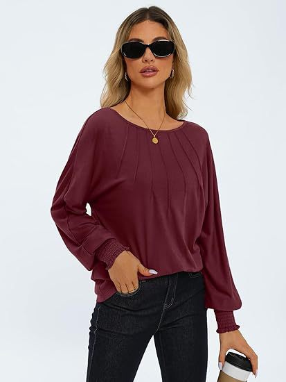 Women's Pleated Crewneck Balloon Sleeve Oversized Top