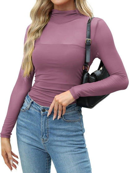Y2K Mesh Semi-Turtleneck Long Sleeve Sexy T-Shirt