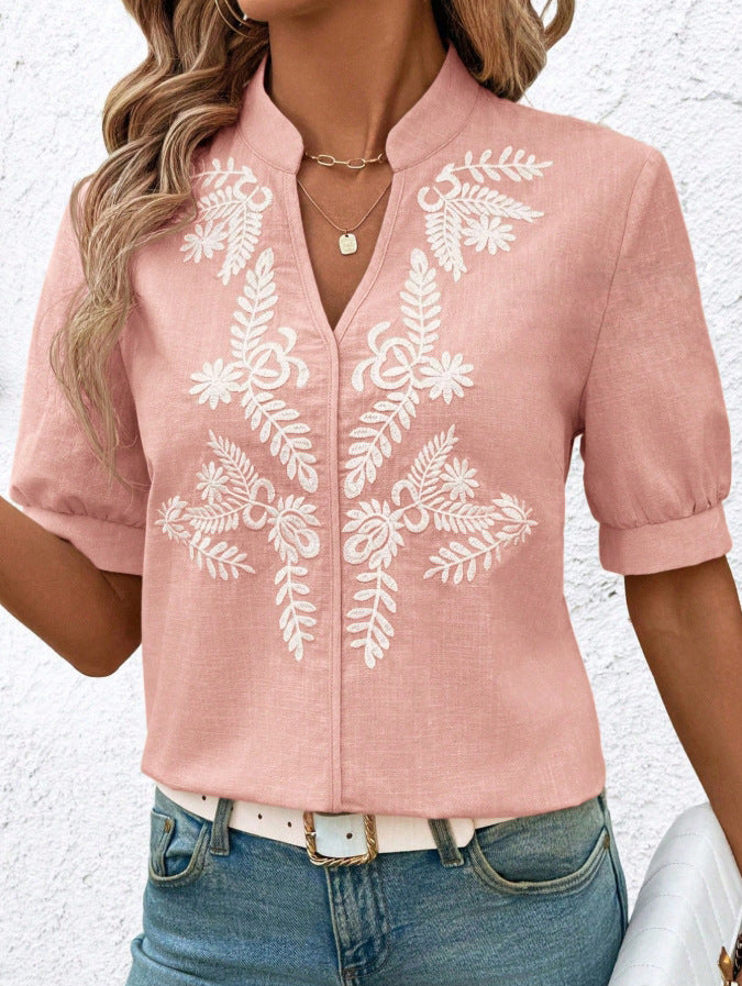 V Neck Embroidered Cotton Blouse Casual Summer Shirt