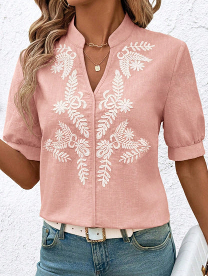 V Neck Embroidered Cotton Blouse Casual Summer Shirt