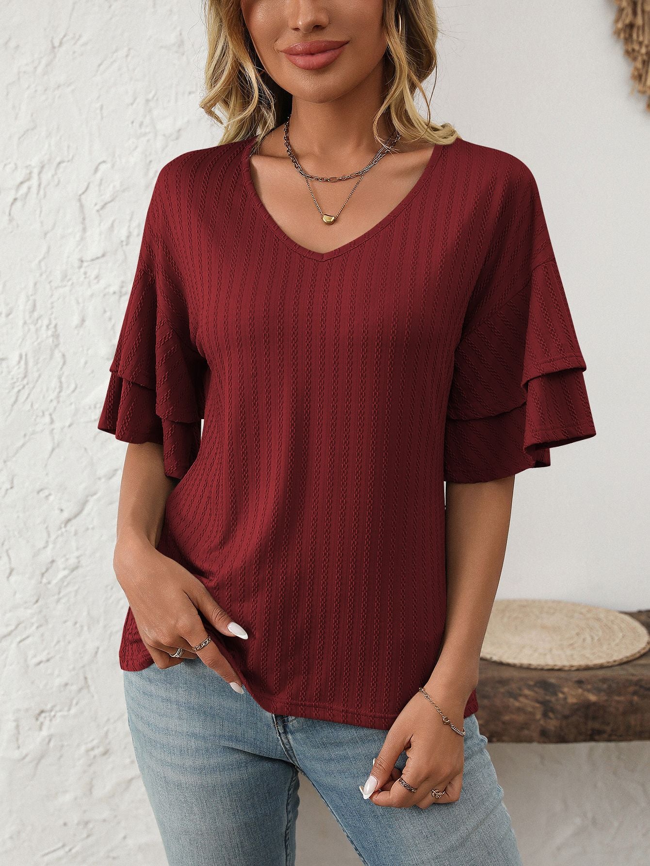 V-Neck Lotus Leaf Sleeve Women’s T-Shirt Top