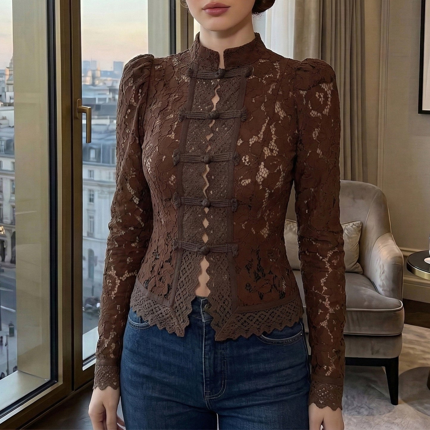 Women's Sheer Lace Blouse Mandarin Collar Frog Button Top