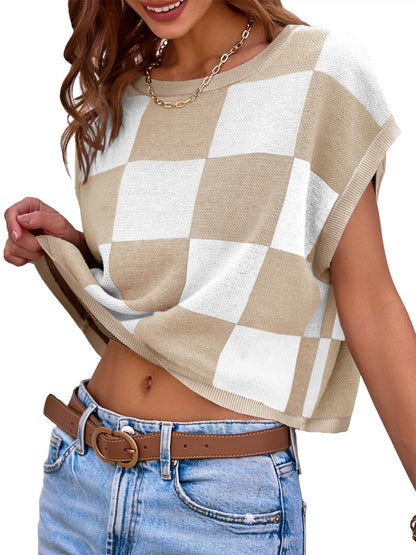 Women’s Colorblock Checkerboard Knit Crop Sweater Tee