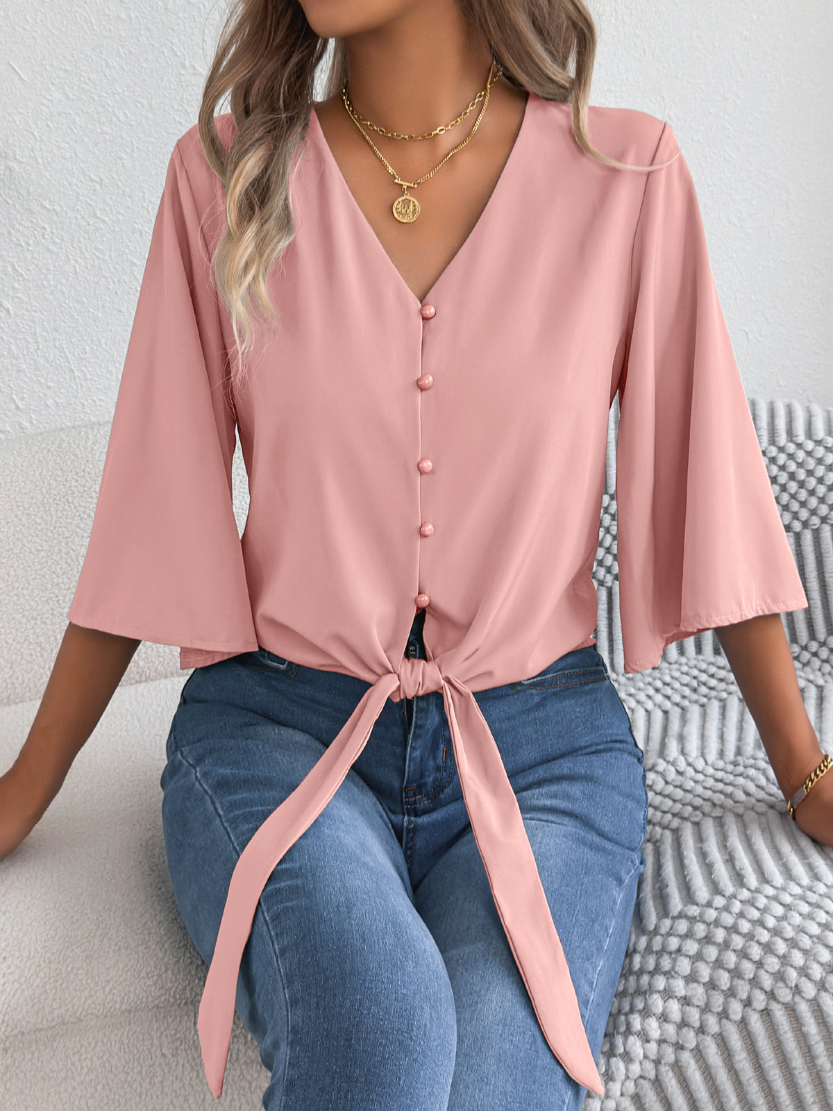 Women's V Neck Button Down Tie Front 3/4 Sleeve Blouse