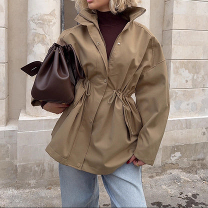 Womens Cotton Zip Up Drawstring Waist Mid Length Jacket