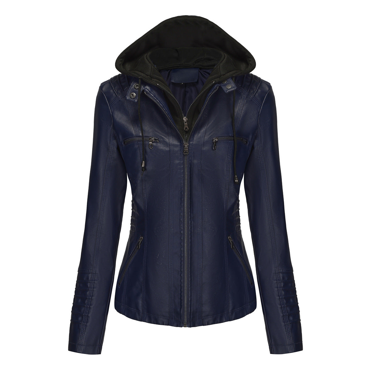 Women's Faux Leather Moto Jacket Removable Hood Plus Size