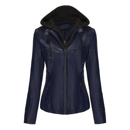 Women's Faux Leather Moto Jacket Removable Hood Plus Size