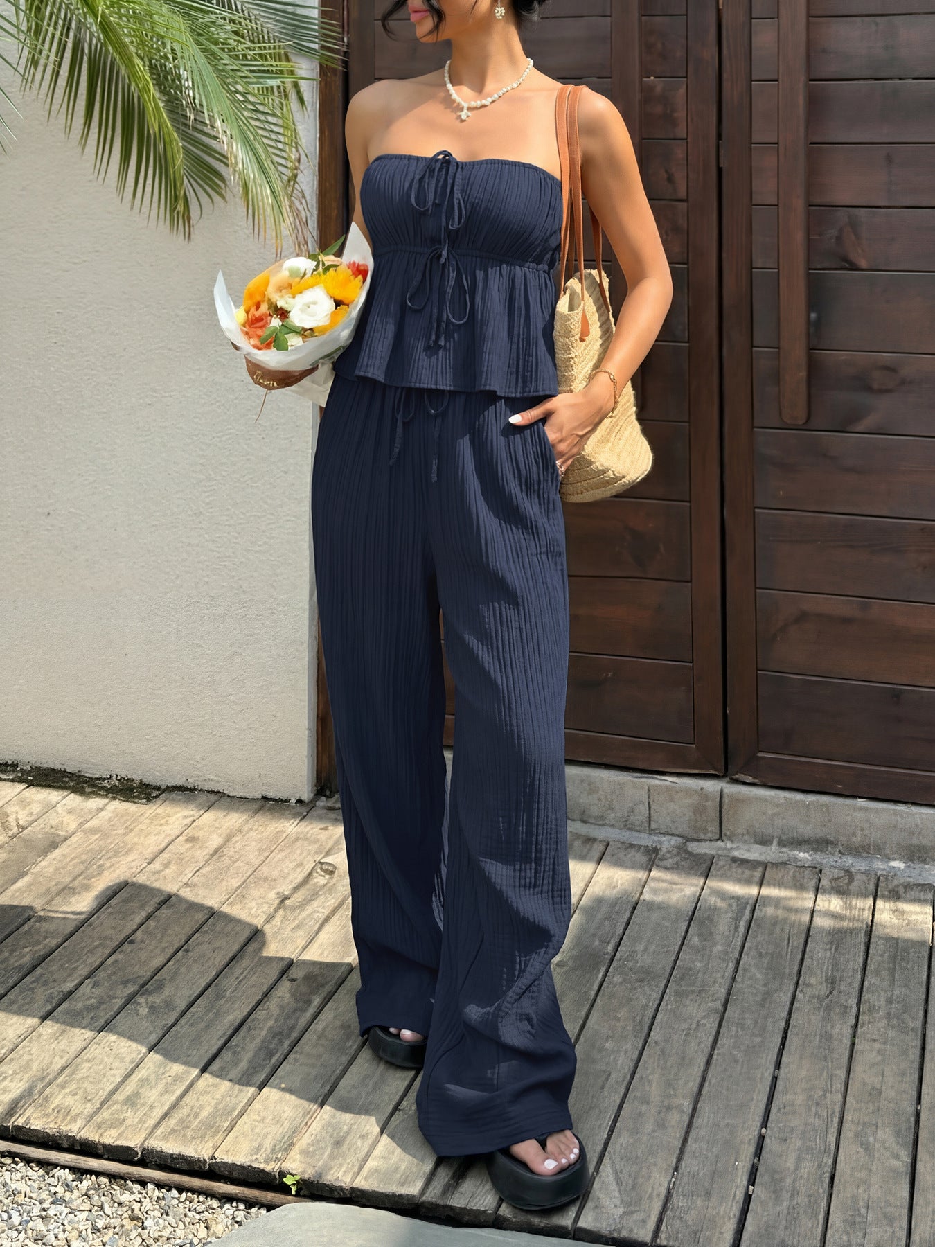 Navy Strapless Ruffle Top & Wide Leg Pants Two Piece Set