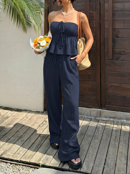 Navy Strapless Ruffle Top & Wide Leg Pants Two Piece Set