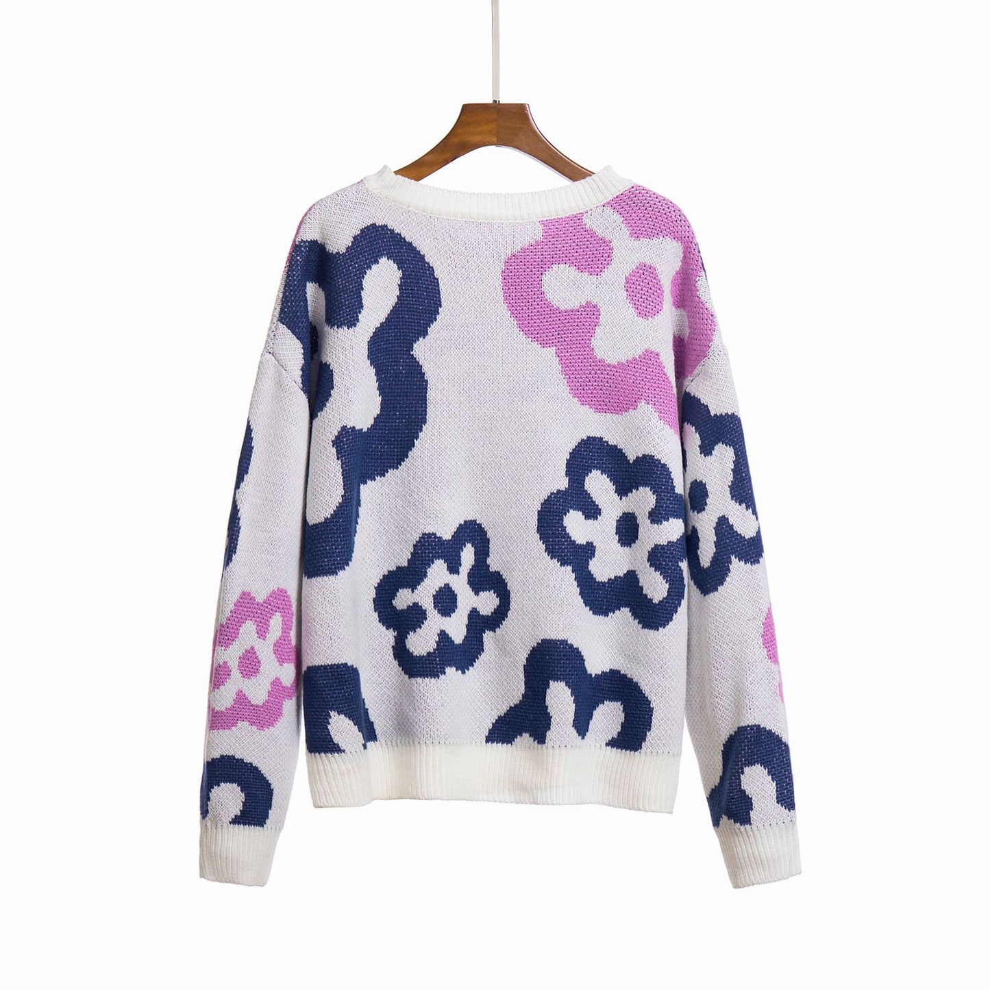 Oversized Floral Color Block Crewneck Sweater