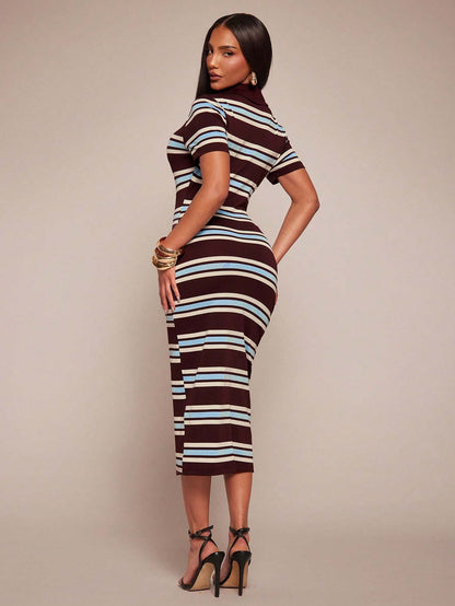Polo Collar Stripe Bodycon Midi Dress Short Sleeve Casual