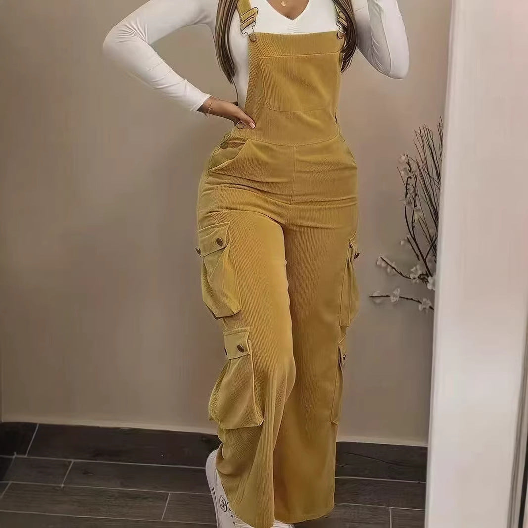 Women's Corduroy Cargo Overalls High Waist Jumpsuit