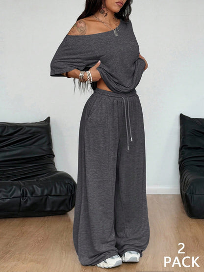 Off Shoulder Top Wide Leg Pants Lounge Set