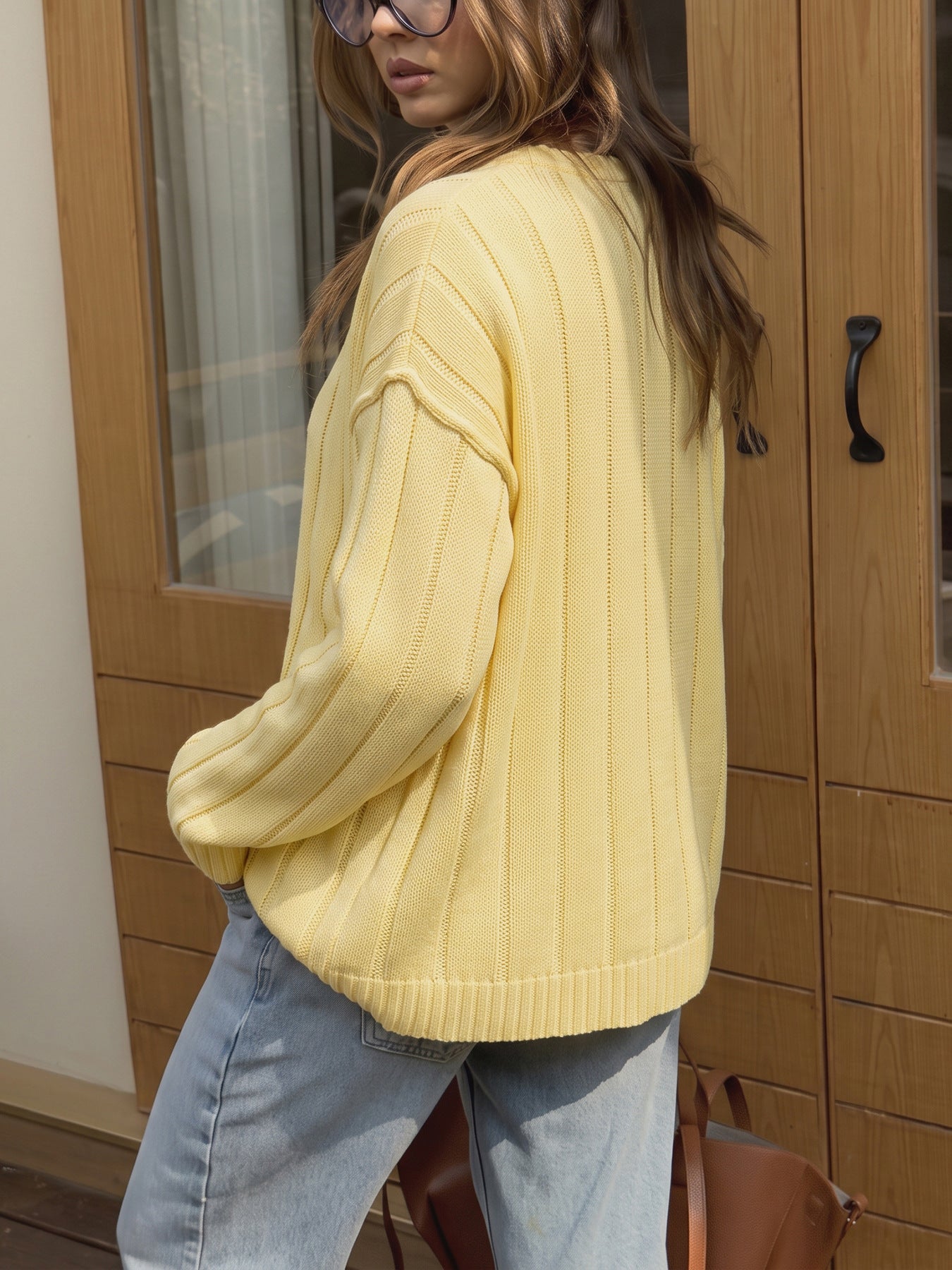Solid Ribbed Knit Cardigan Button Front Crew Neck Sweater