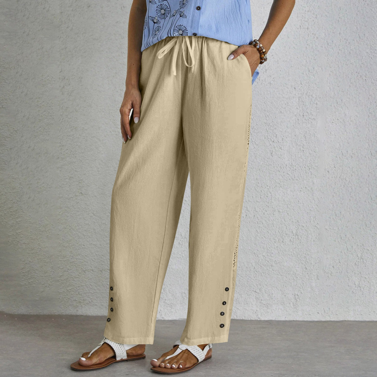 Women's Cotton Linen Pants Drawstring Eyelet Button Hem