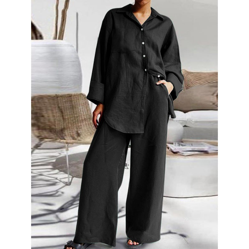Linen Blend Button Shirt Pants Two Piece Set Casual Outfit
