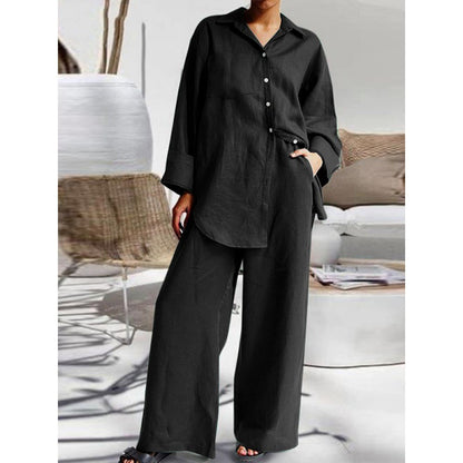 Linen Blend Button Shirt Pants Two Piece Set Casual Outfit
