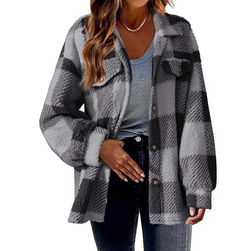 Women's Oversized Plaid Sherpa Shacket Jacket Pockets