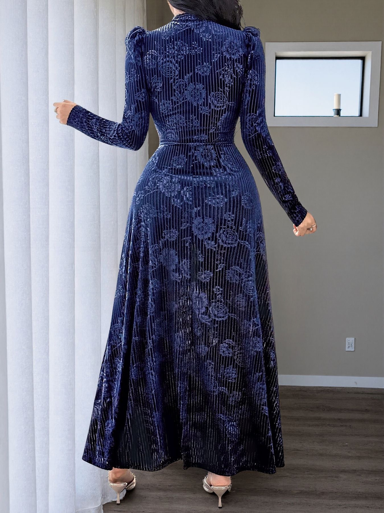 Floral Velvet Maxi Dress V Neck Twist Waist Evening Gown