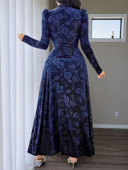 Floral Velvet Maxi Dress V Neck Twist Waist Evening Gown