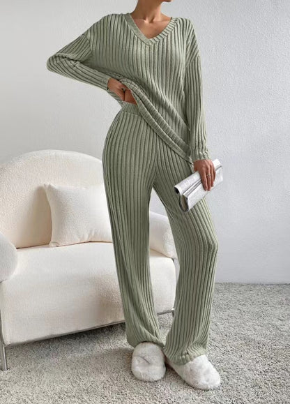 Women's 2 Piece Ribbed Knit V Neck Wide Leg Pants Set