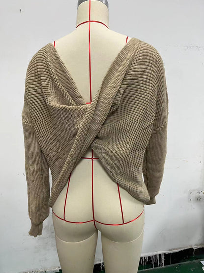 Women's One Shoulder V Neck Knit Sweater Long Sleeve