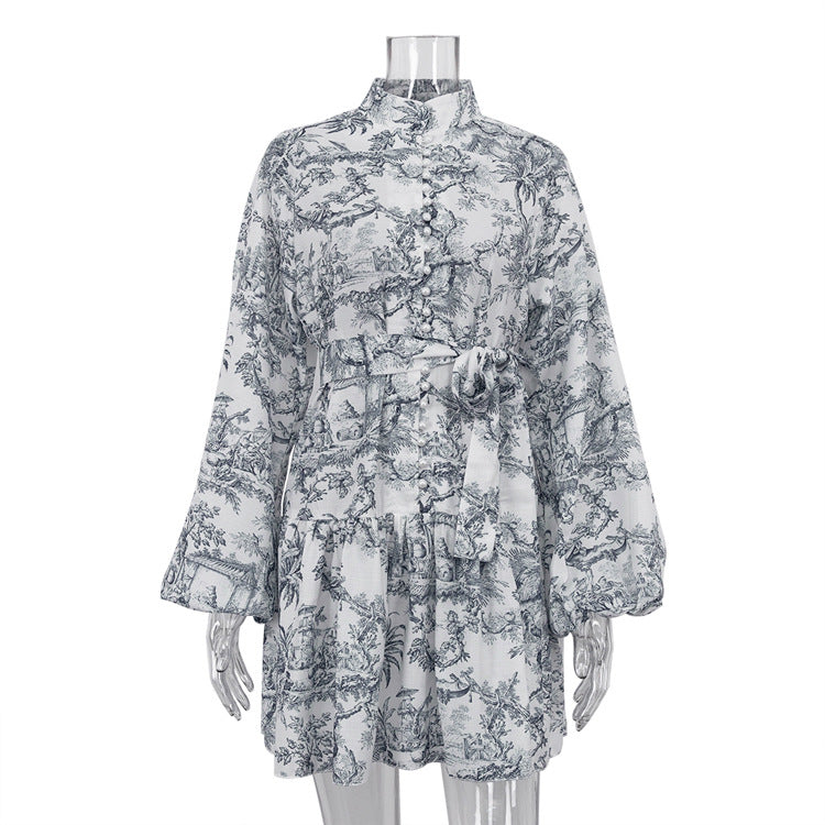 Women's Toile Puff Sleeve Tie Waist Mini Dress