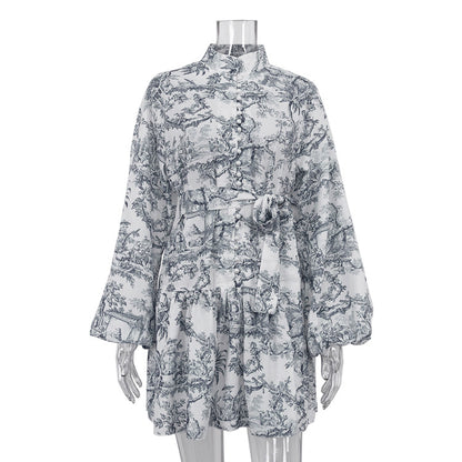 Women's Toile Puff Sleeve Tie Waist Mini Dress