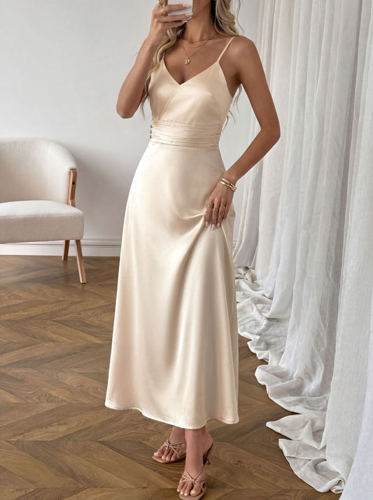 Satin Maxi Dress V Neck Cami Waist Tie Elegant