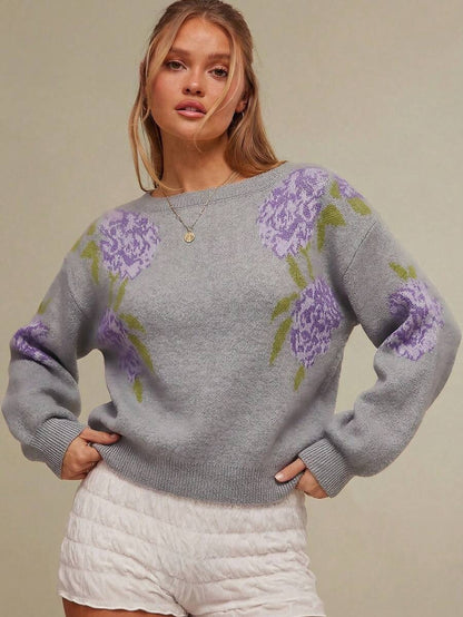 Women's Oversized Floral Crew Neck Knit Sweater