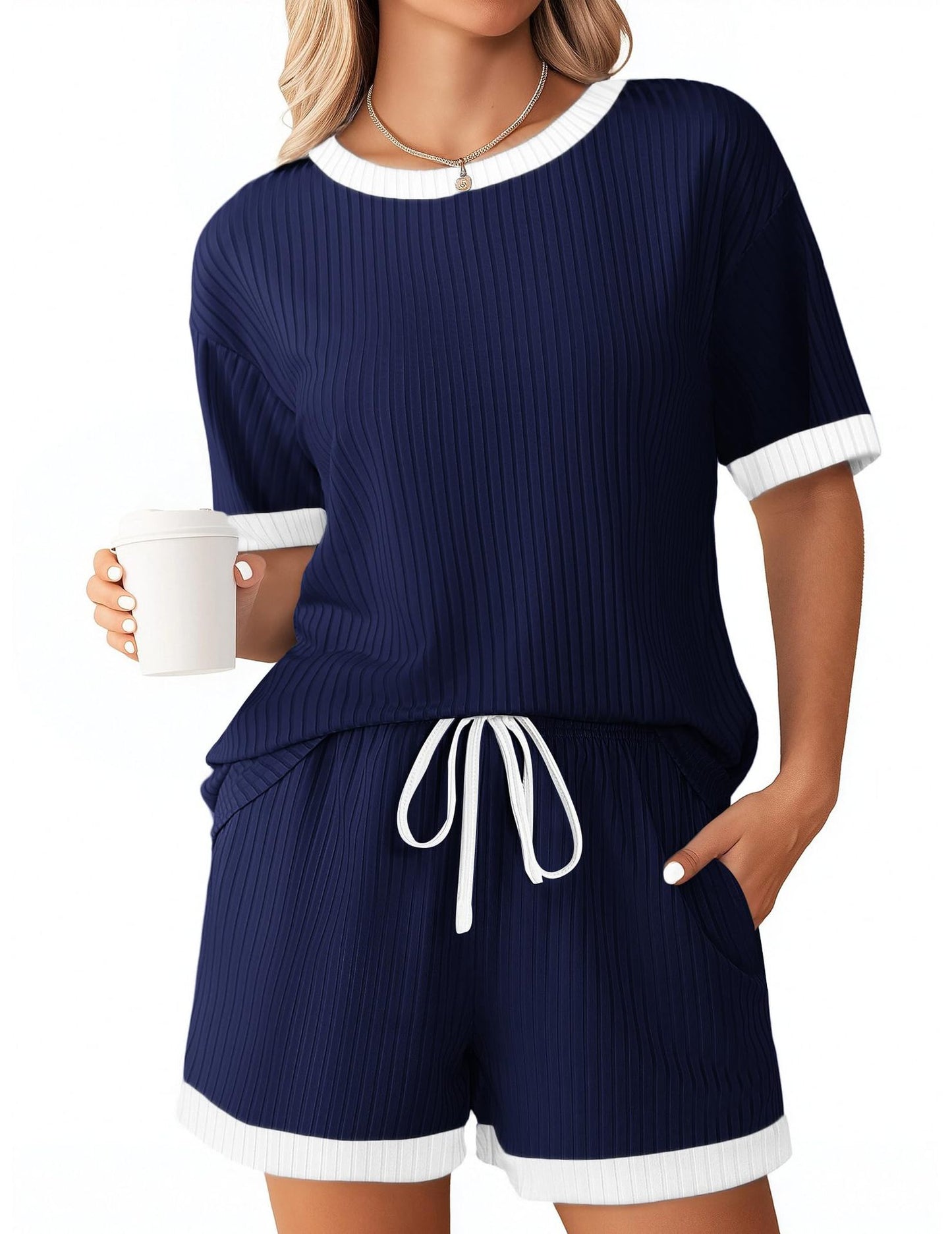 Ribbed Colorblock Lounge Shorts Set Summer Pajama