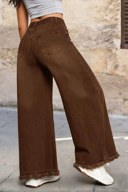 Women's Vintage Washed High Waist Raw Hem Wide Leg Jeans