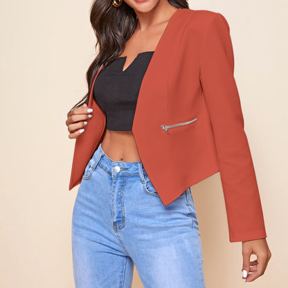 Women's Cropped Blazer Open Front Zip Pocket Jacket