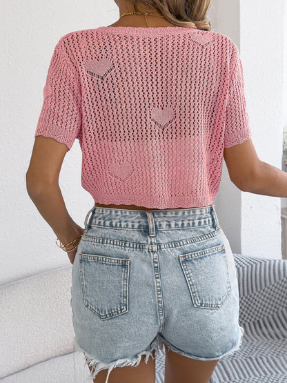 Heart Hollow Tie-Front Cropped Knit Cardigan